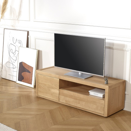 Meuble TV CAMILLE - Style contemporain, plateau en chêne,1 tiroir, 1 porte, 140 cm