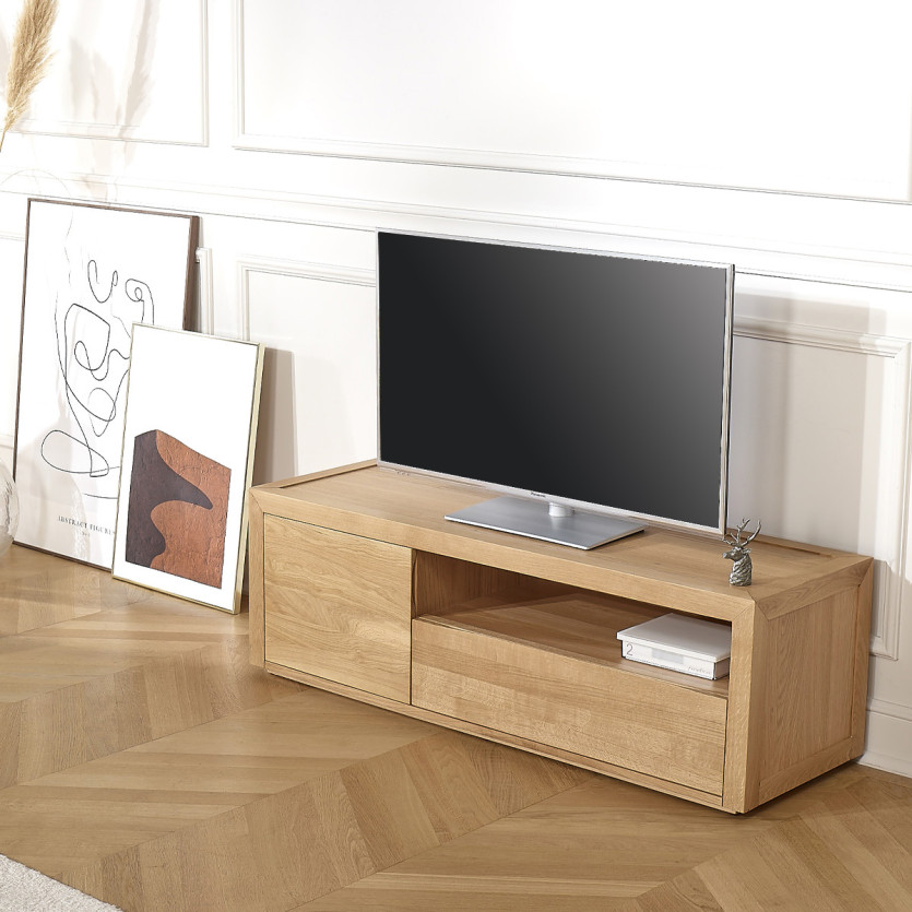 Meuble TV CAMILLE - Style contemporain, plateau en chêne,1 tiroir, 1 porte, 140 cm