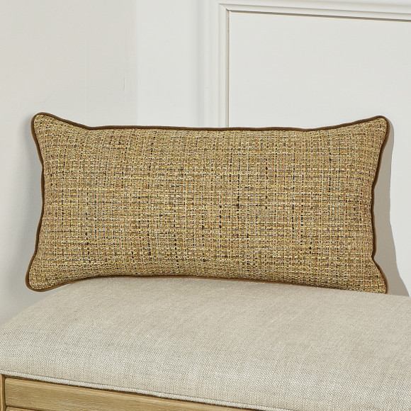 Coussin rectangulaire AUGUSTE - Style contemporain en tweed et velours de coton camel, 53 x 26 cm