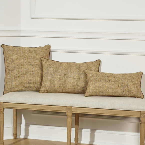 Rectangular cushion AUGUSTE - Contemporary style in camel cotton tweed and velvet, 53 x 26 cm