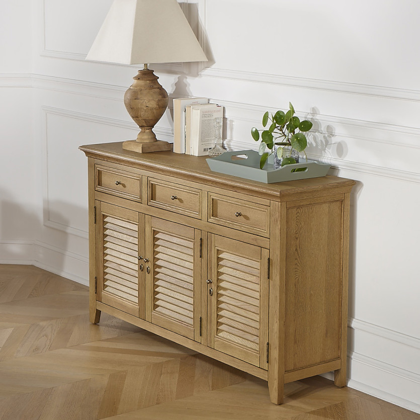 Buffet CHARLES - Style shabby chic en chêne, 3 tiroirs, 3 portes