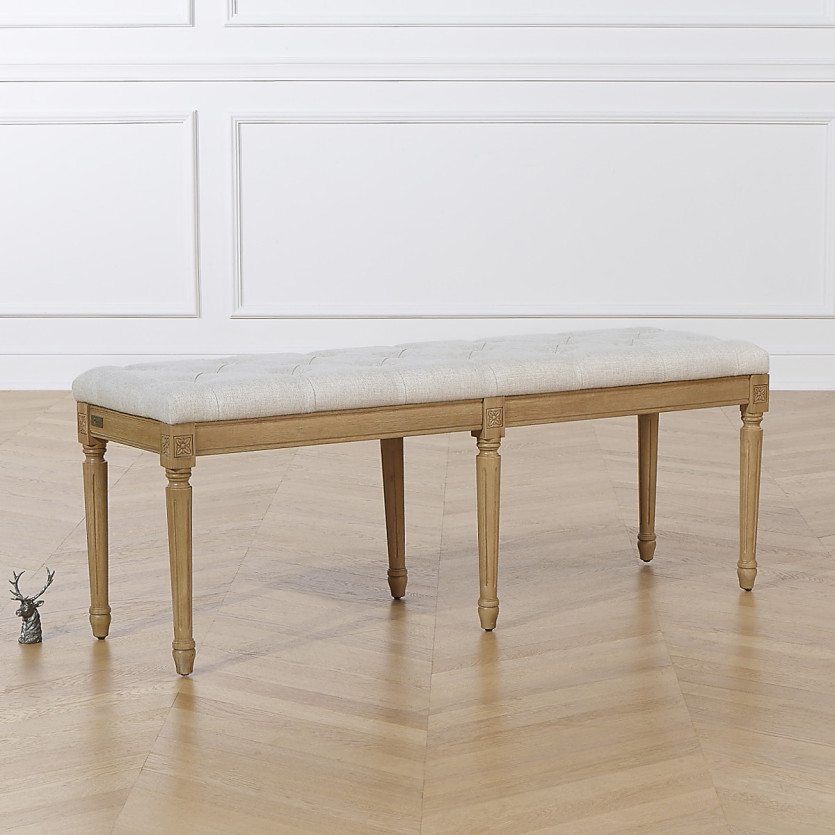 Panca imbottita MARCEAU - Stile shabby chic in rovere e tessuto effetto lino
