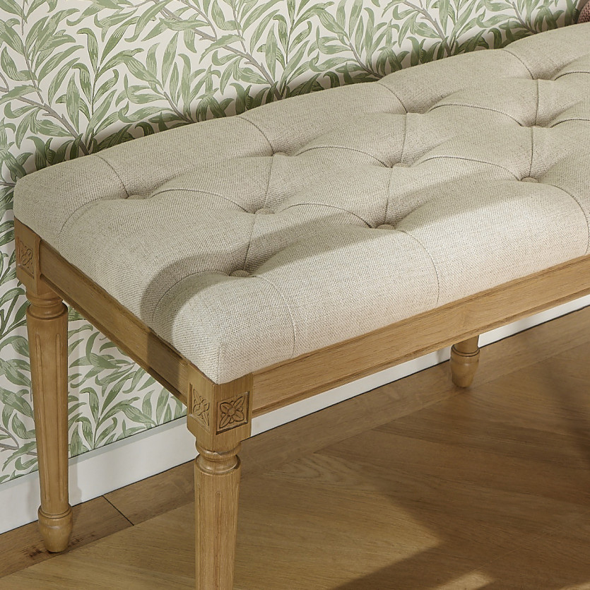 MARCEAU Upholstered Bench - Shabby Chic Style in Oak and Linen-Effect Fabric