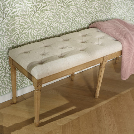 Gepolsterte Bank MARCEAU - Shabby-Chic-Stil aus Gummibaumholz und Stoff in Leinenoptik