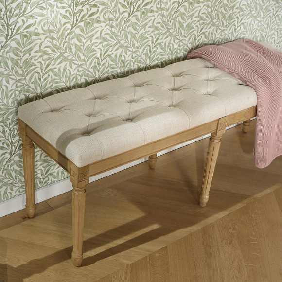 Banc capitonné MARCEAU - Style shabby chic en chêne et tissu effet lin
