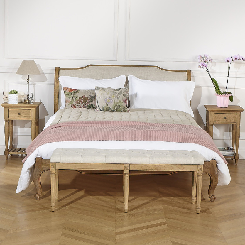 Banco capitoné MARCEAU - Estilo shabby chic en roble y tejido efecto lino.