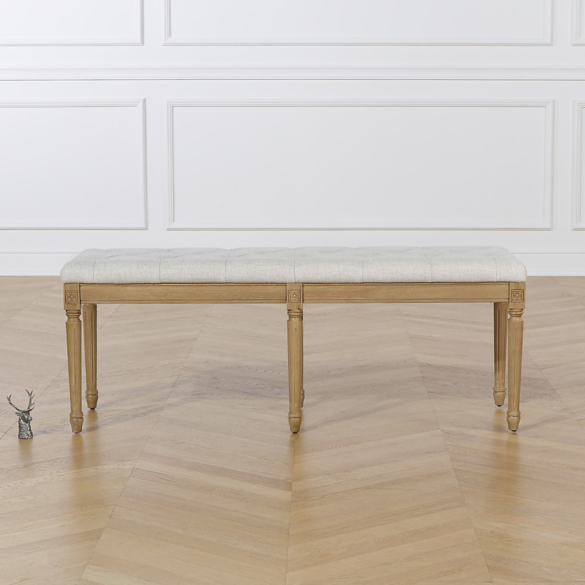 Banco estofado MARCEAU - Estilo shabby chic em hevea e tecido com efeito de linho