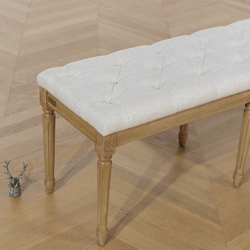 MARCEAU gepolsterte Bank - Shabby-Chic-Stil aus Eiche und leinenartigem Stoff