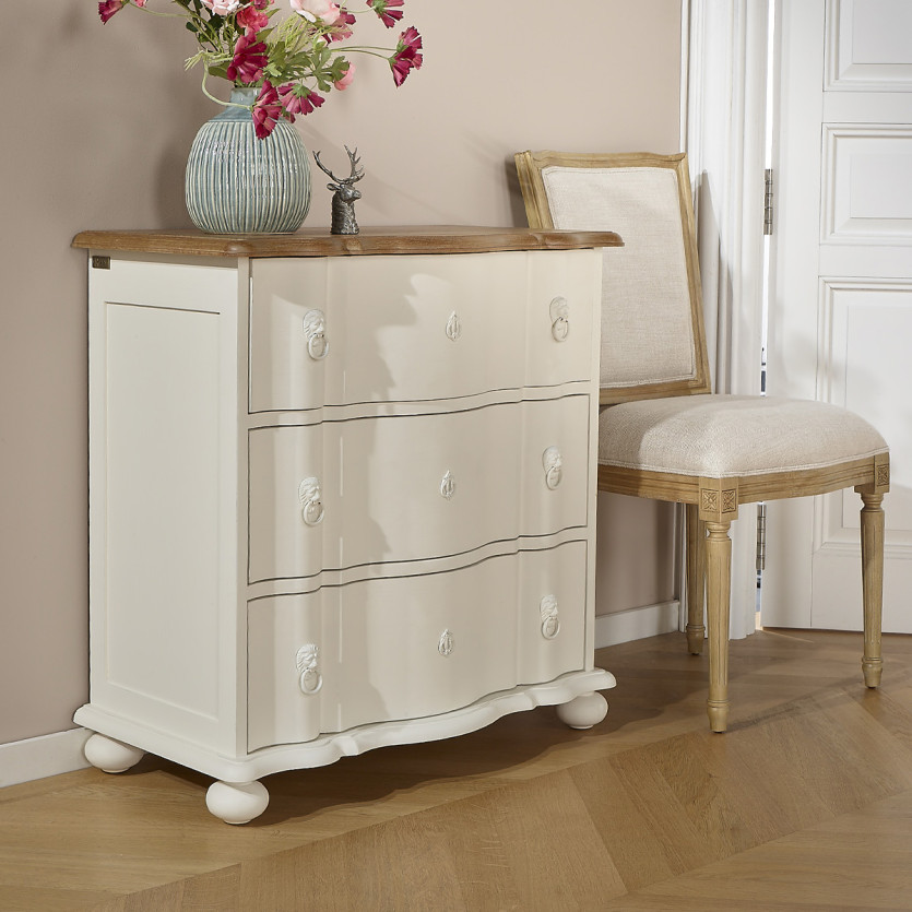 Petite commode arbalète LAUREN - Style shabby chic, plateau en chêne, 3 tiroirs