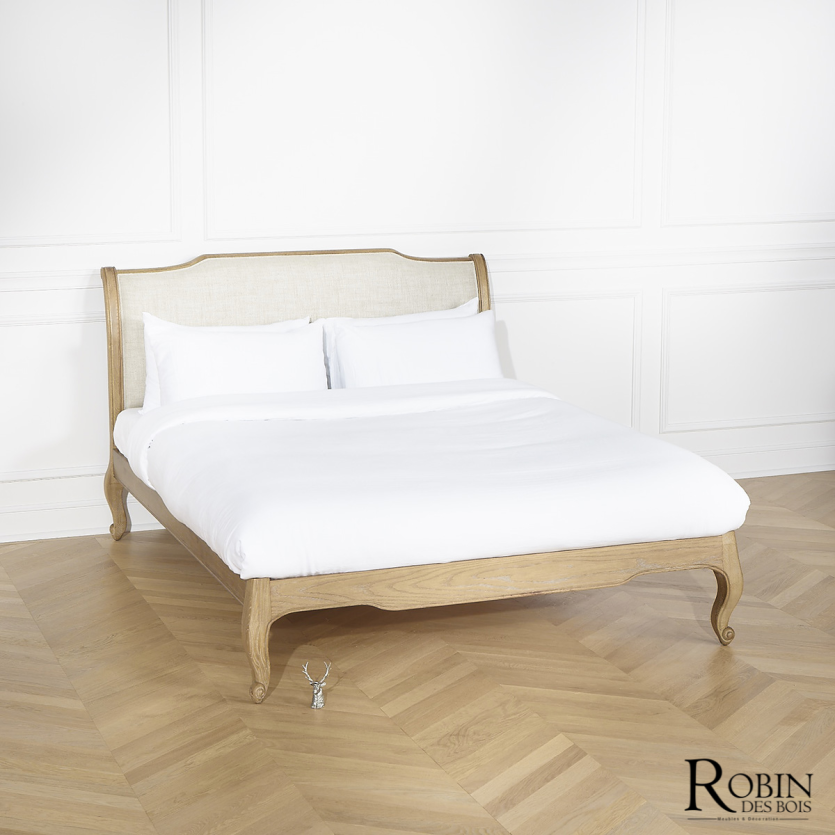 Cama doble ELIZA - Estilo shabby chic en roble y lino premium 160 x 200