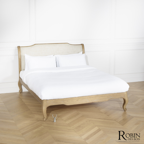 Lit double ELIZA - Style shabby chic en chêne et lin premium 160 x 200