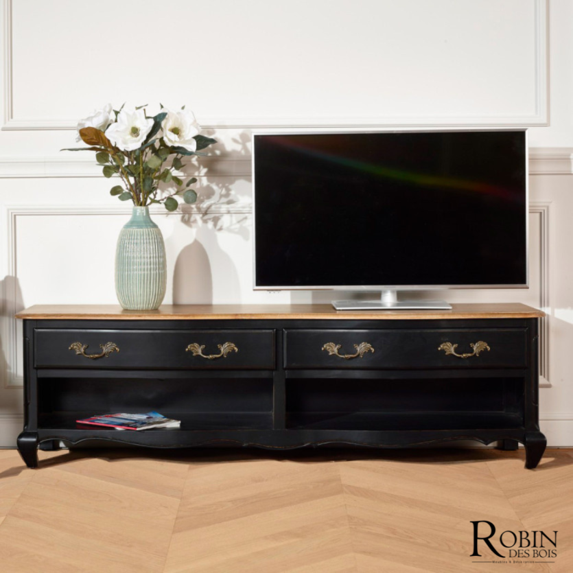 SAVOY - Meuble TV noir style shabby chic plateau chêne, 2 niches, 2 tiroirs