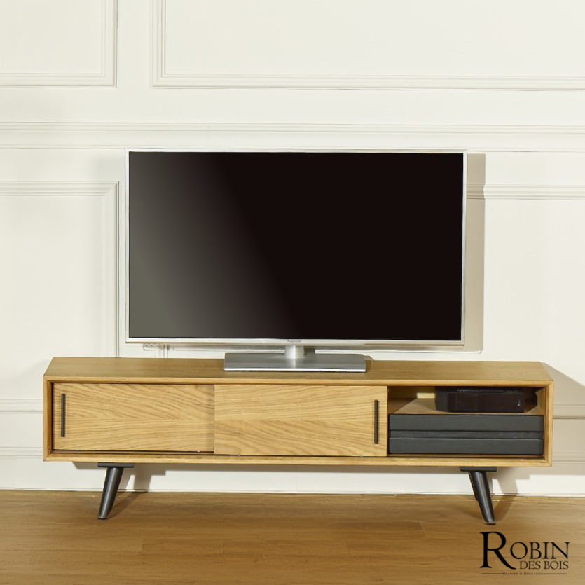 ALDWIN - Meuble TV style scandinave en chêne, 2 portes, 1 tiroir