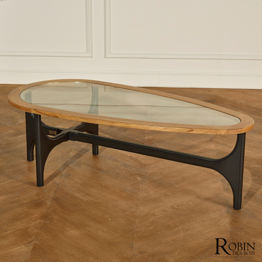 AUGUSTIN - Table basse en chêne, bois laqué noir et plateau en verre