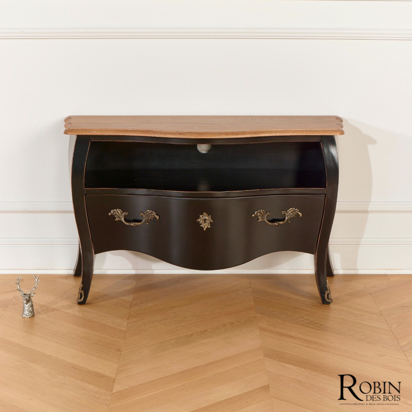 AQUITAINE - Shabby chic style TV stand, oak top, 1 shelf, 1 drawer