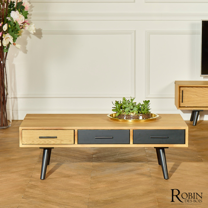 ALDWIN - Table basse en chêne, 6 tiroirs