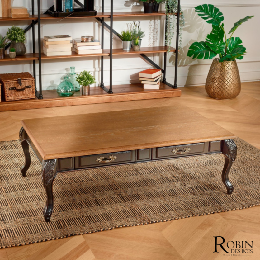 MARIANNE - Tavolino in stile shabby chic in rovere, gambe nere, 4 cassetti