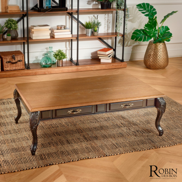 MARIANNE - Shabby-Chic-Couchtisch aus Eichenholz, schwarze Beine, 4 Schubladen