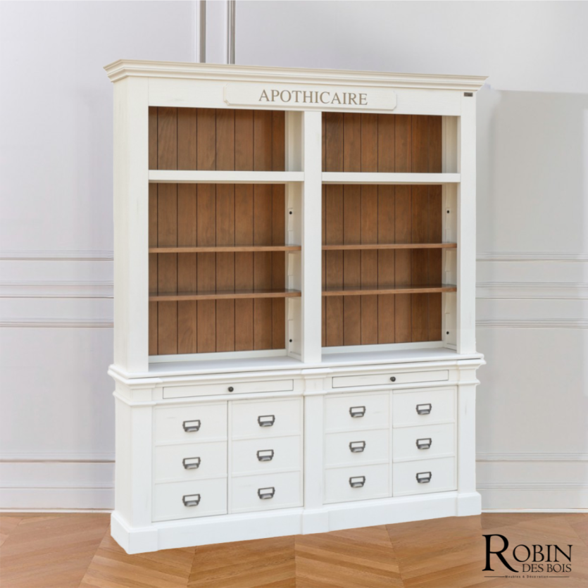 GUSTAVE - Libreria aperta in stile classico in legno, 4 ante, 8 ripiani, 2 cassetti