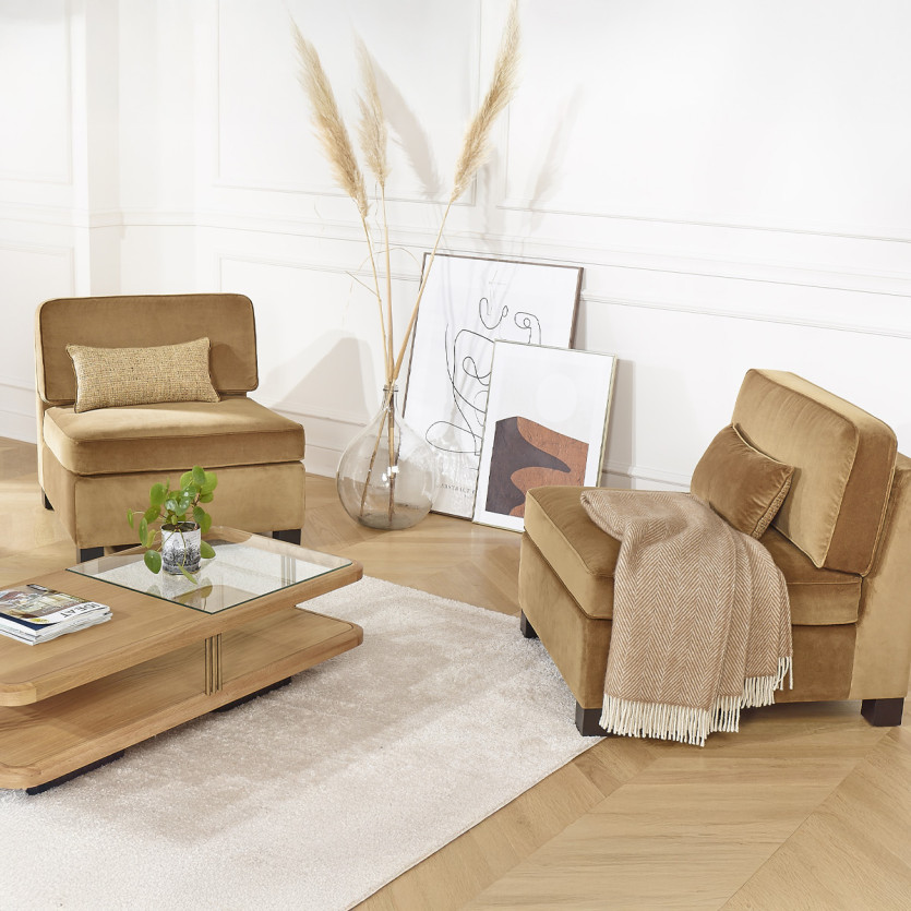 Sillón modular LEONNARD - Estilo contemporáneo en terciopelo y madera certificada FSC®