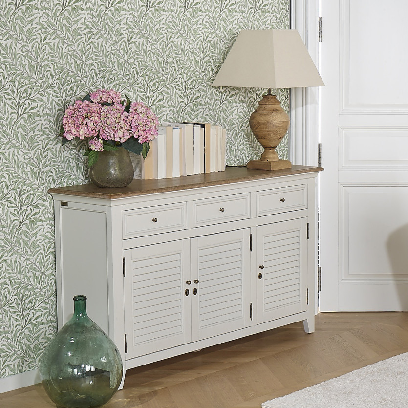 Buffet EDEN - Style shabby chic, plateau en chêne, 3 tiroirs, 3 portes