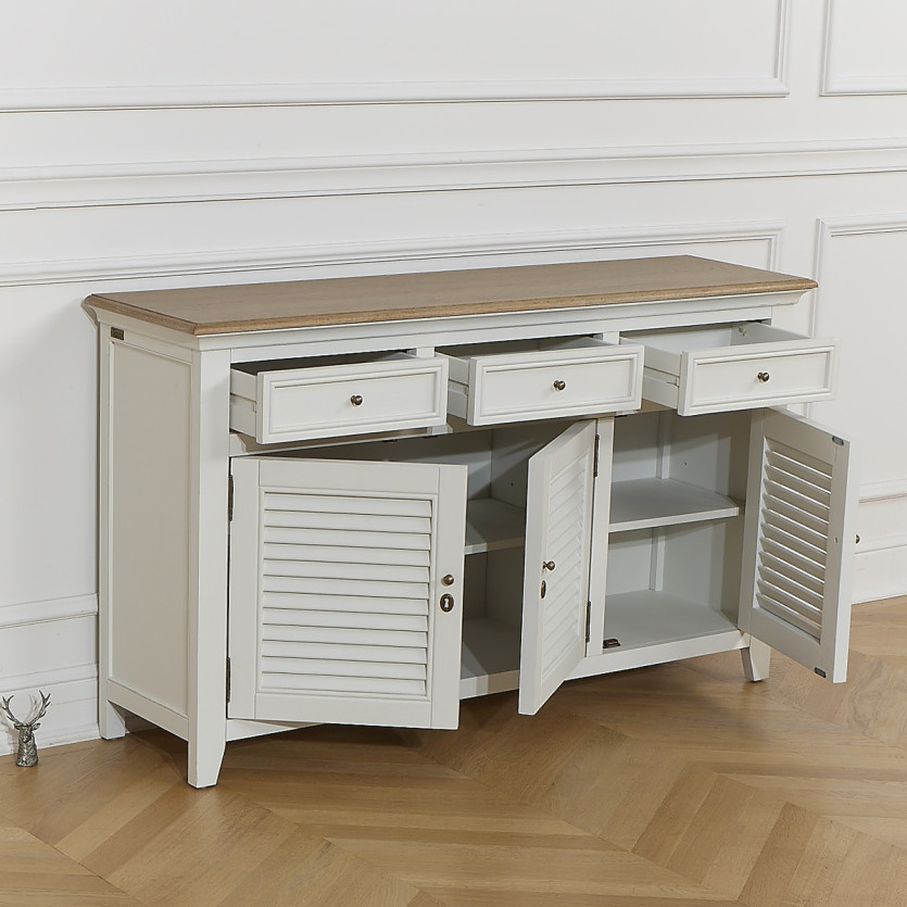 Buffet EDEN - Style shabby chic, plateau en chêne, 3 tiroirs, 3 portes