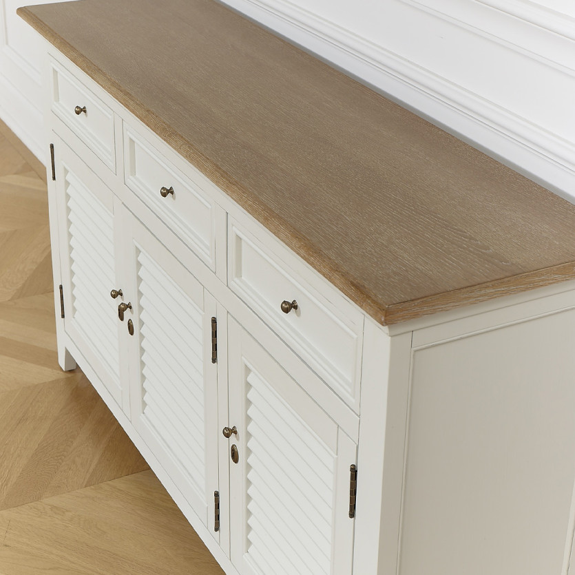 Buffet EDEN - Style shabby chic, plateau en chêne, 3 tiroirs, 3 portes