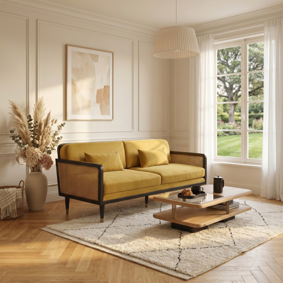 ARABELLA – Canapé style vintage en tissu velours, bois et rotin, 3 places, bois certifié FSC®