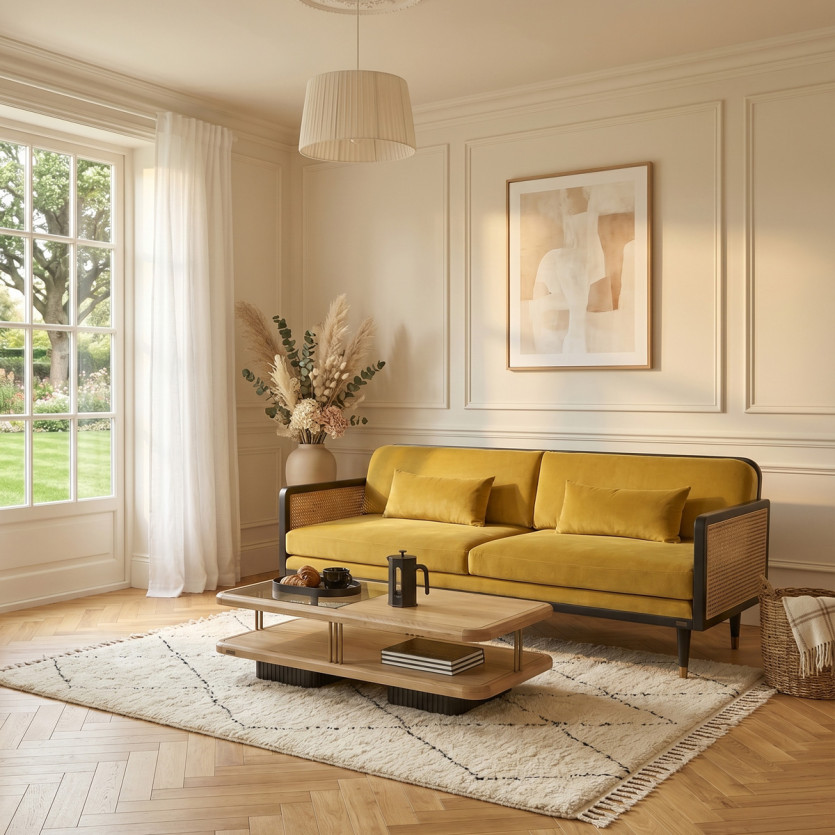 ARABELLA – Vintage style sofa in cotton velvet fabric, wood and rattan, 3 seats, FSC® certified wood