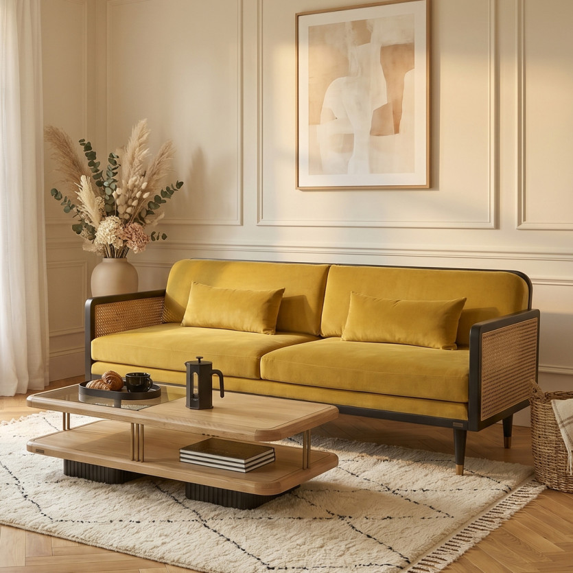 ARABELLA – Canapé style vintage en tissu velours, bois et rotin, 3 places, bois certifié FSC®