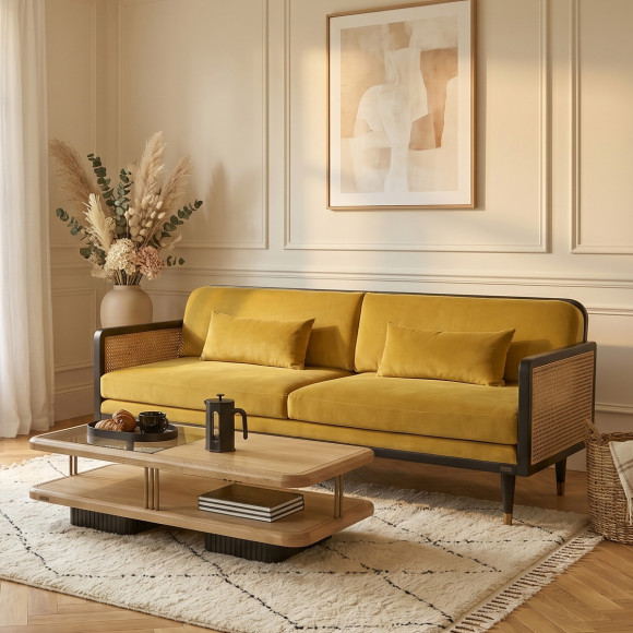 ARABELLA – Canapé style vintage en tissu velours, bois et rotin, 3 places, bois certifié FSC®