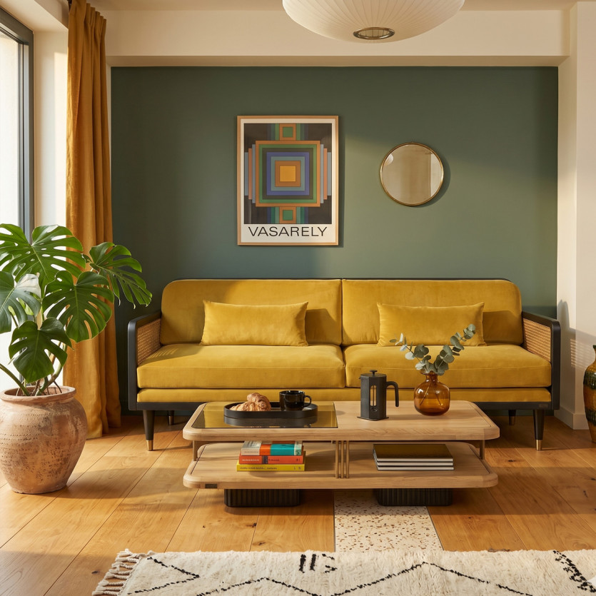 ARABELLA – Sofá de estilo vintage en tela de terciopelo de algodón, madera y ratán, 3 plazas, madera certificada FSC®