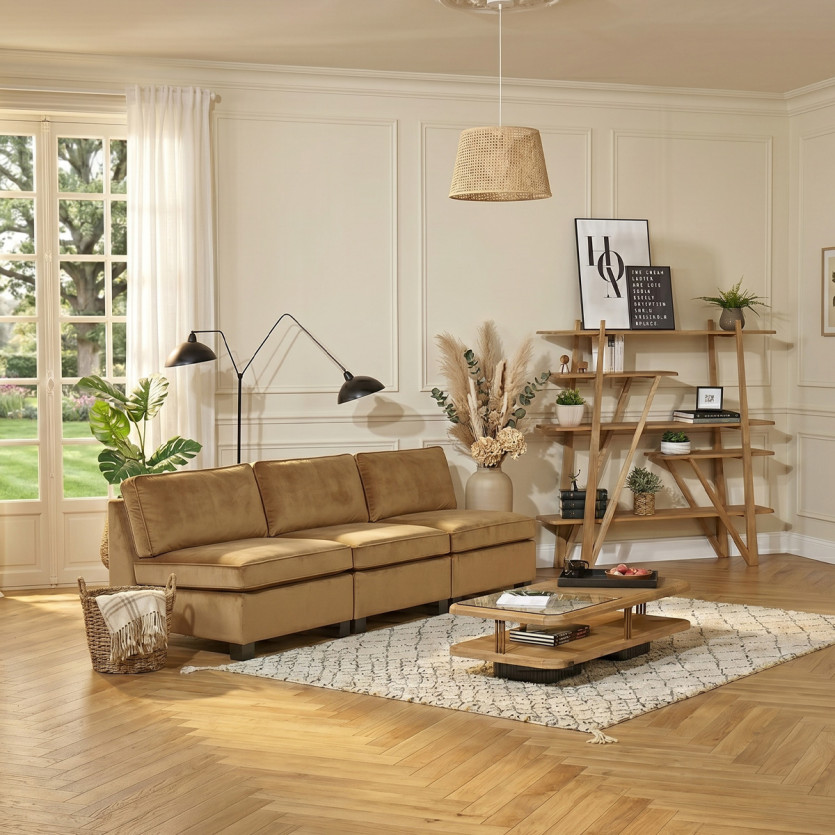 Sillón modular LEONNARD - Estilo contemporáneo en terciopelo y madera certificada FSC®