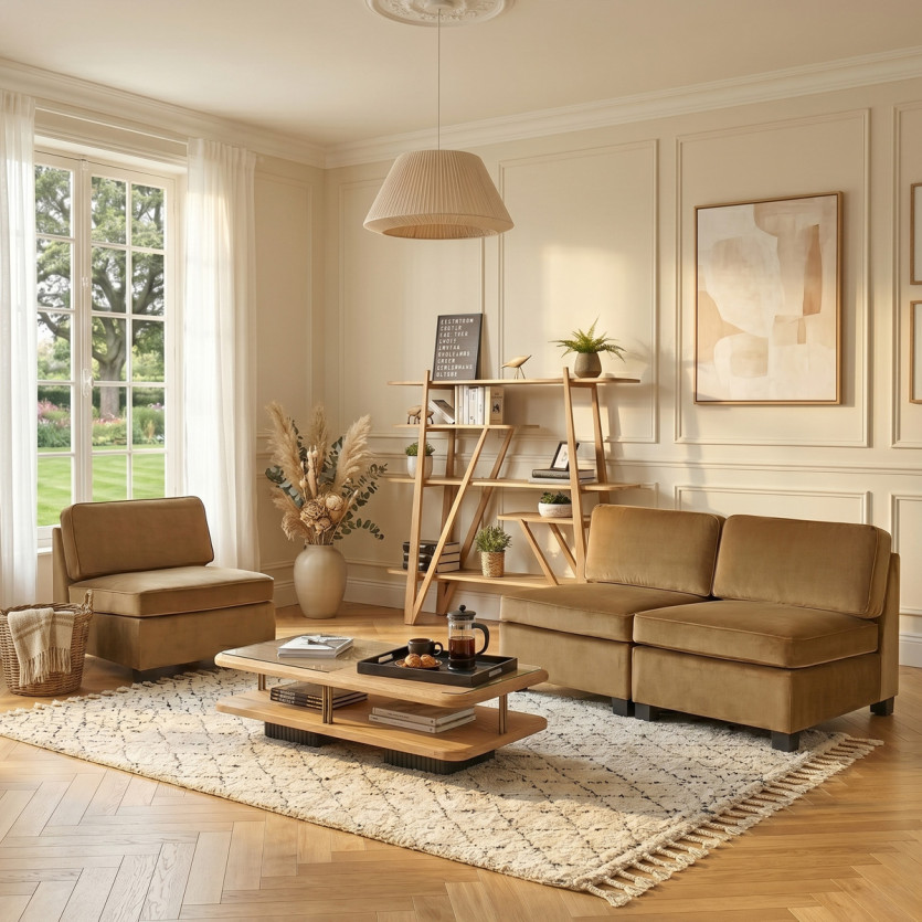 Sillón modular LEONNARD - Estilo contemporáneo en terciopelo y madera certificada FSC®