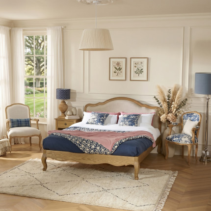 Lit deux places HENRY - Style romantique en chêne et lin premium 160 x 200