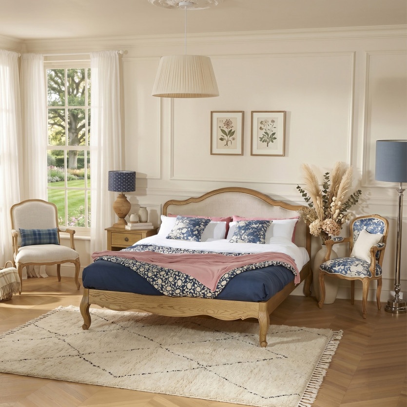 Cama de casal HENRY - Estilo romântico em carvalho e linho premium 160 x 200