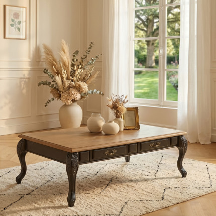 MARIANNE -Table basse style shabby chic, plateau en chêne, pieds noirs, 4 tiroirs