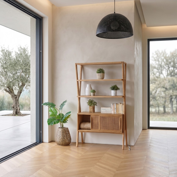 DOROTHY - Scaffale in stile moderno in rovere e canna, 2 ante scorrevoli, 3 ripiani aperti