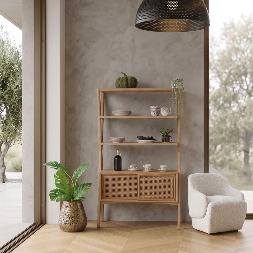 DOROTHY - Scaffale in stile moderno in rovere e canna, 2 ante scorrevoli, 3 ripiani aperti