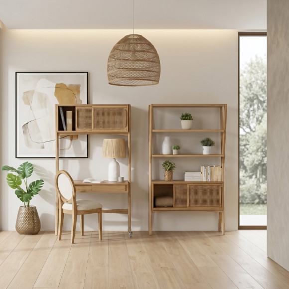 DOROTHY - Estantería de estilo moderno en roble y rejilla, 2 puertas correderas, 3 estantes abiertos