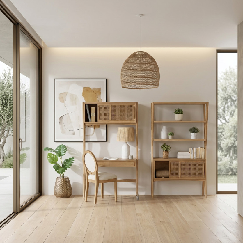 DOROTHY - Estantería de estilo moderno en roble y rejilla, 2 puertas correderas, 3 estantes abiertos