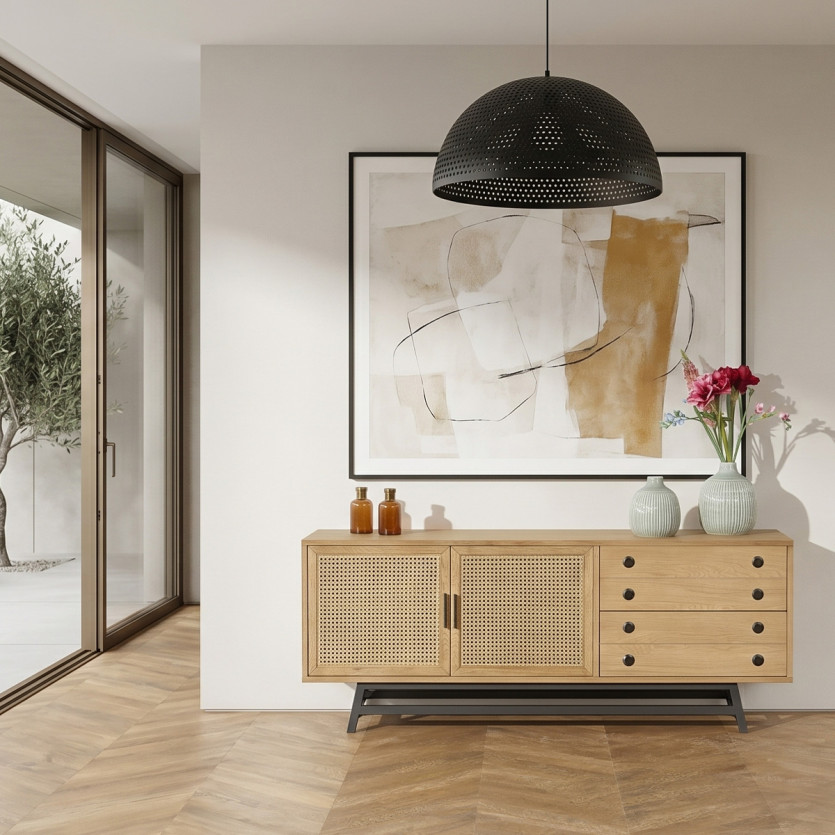LALALA - Credenza in rovere, paglia di Vienna, metallo, 2 cassetti, 2 ante, 170 cm