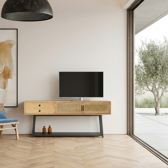 Console LALALA - Scandinavian style in oak, cane, and metal, 2 doors, 1 drawer