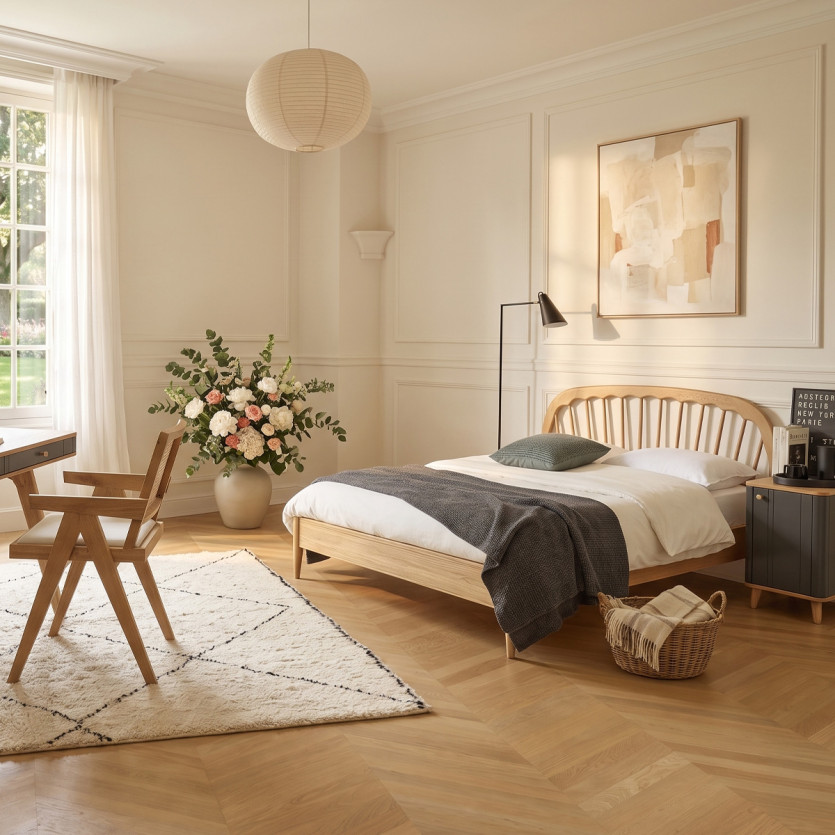 Lit double WINDSOR - Style contemporain en chêne, 160 x 200