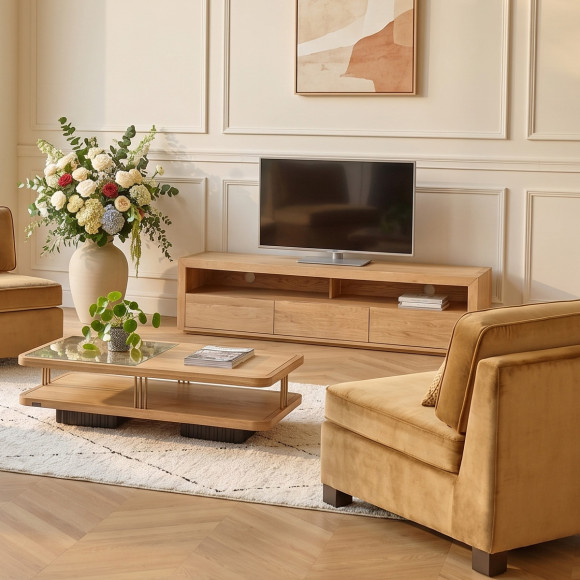 CAMILLE oak TV stand - Contemporary style, 3 drawers, 180 cm