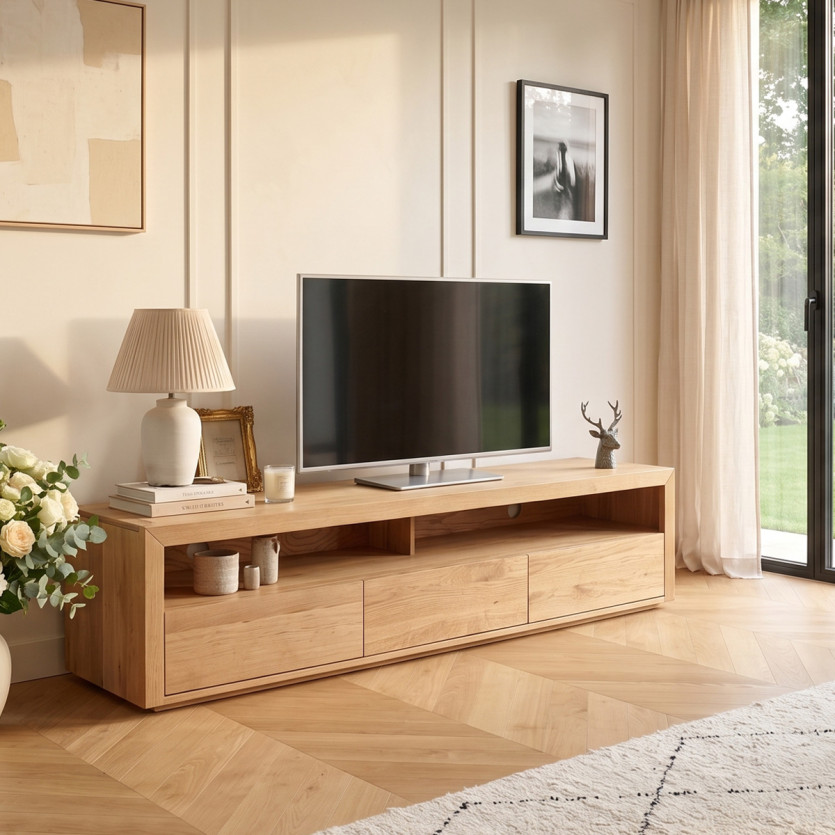 Móvel para TV CAMILLE - Estilo contemporâneo, tampo em carvalho, 3 gavetas, 180 cm