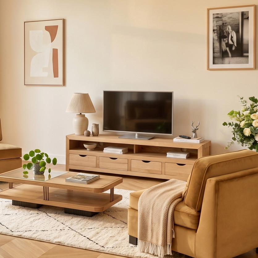 DANIA TV Stand – Contemporary style, solid wood legs, 4 drawers, 1 shelf