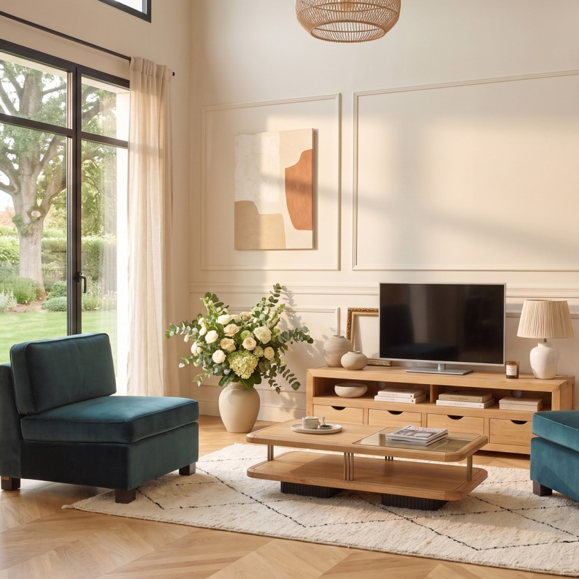 Móvel TV DANIA – Estilo contemporâneo, tampo em carvalho, 4 gavetas, 1 nicho