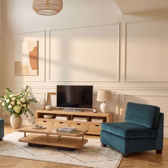 Mueble de TV DANIA - Estilo contemporáneo, patas de madera maciza, 4 cajones, 1 nicho