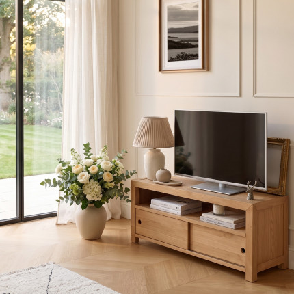 Meuble TV PAOLA - Style contemporain en chêne, 2 portes coulissantes, 100 cm